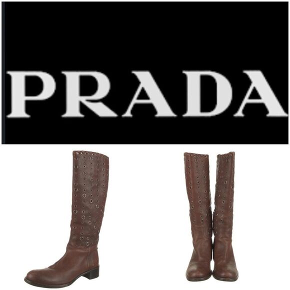 Prada Long Boots Daino Pebbled Leather Dark Brown Slip On - Picture 1 of 10